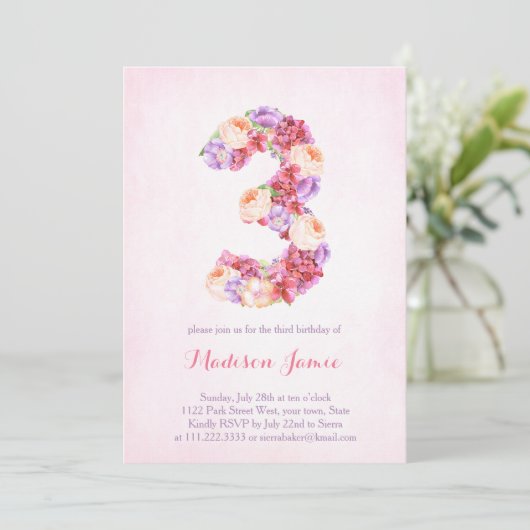 フローラモノグラム女の子の誕生日カード3rd 招待状 (スタンド正面)