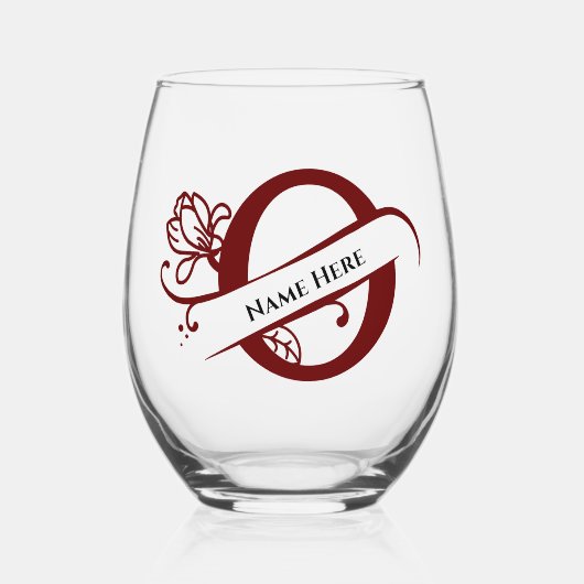 フローラモノグラム文字または名前の変更の色 ステムなしワイングラス (正面)