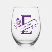 フローラモノグラム文字E名前の追加色の変更 ステムなしワイングラス (正面)