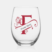 フローラモノグラム文字F名前の変更色 ステムなしワイングラス (正面)