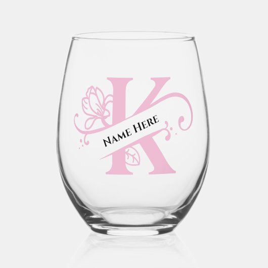 フローラモノグラム文字K追加の名前の色の変更 ステムなしワイングラス (正面)