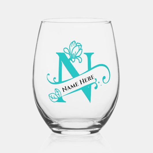 フローラモノグラム文字N名前の追加色の変更 ステムなしワイングラス (正面)