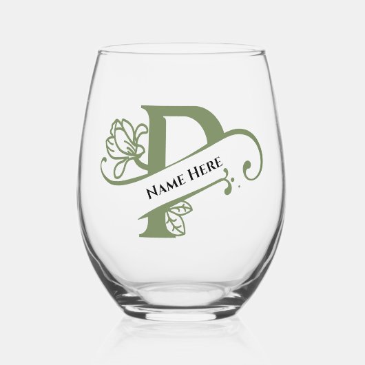 フローラモノグラム文字P名前の追加色の変更 ステムなしワイングラス (正面)