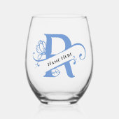 フローラモノグラム文字R名前の追加色 ステムなしワイングラス (正面)