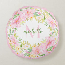 フローラモノグラム水彩植物性ピンクグリーン ラウンドクッション