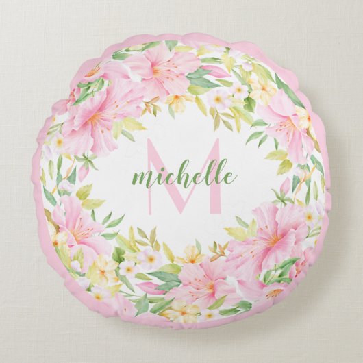 フローラモノグラム水彩植物性ピンクグリーン ラウンドクッション (正面)