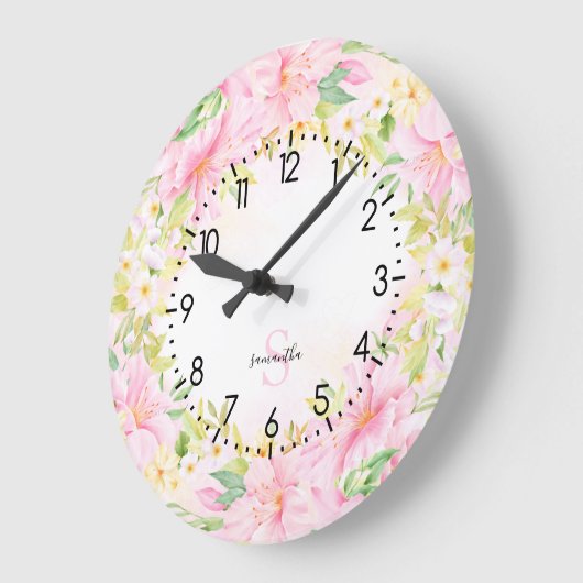 フローラモノグラム水彩植物赤面ピンク ラージ壁時計 (傾斜)