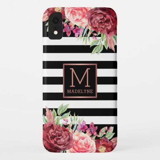 フローラモノグラム白黒ストライプのバラ金ゴールド Case-Mate iPhoneケース (裏面)