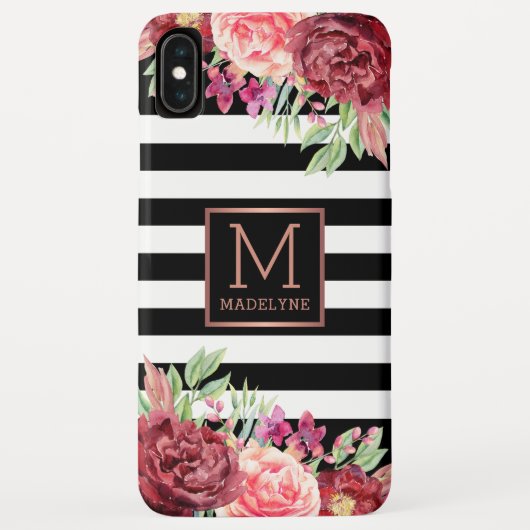 フローラモノグラム白黒ストライプのバラ金ゴールド Case-Mate iPhoneケース (裏面)