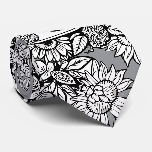 フローラモノグラム「B」白黒タトゥー花 ネクタイ (ロール)