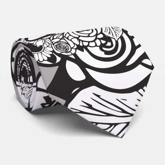 フローラモノグラム「M」白黒タトゥー花 ネクタイ (ロール)