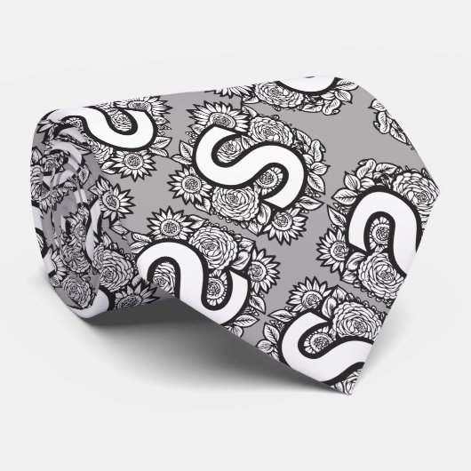 フローラモノグラム「S」白黒タトゥー花 ネクタイ (ロール)