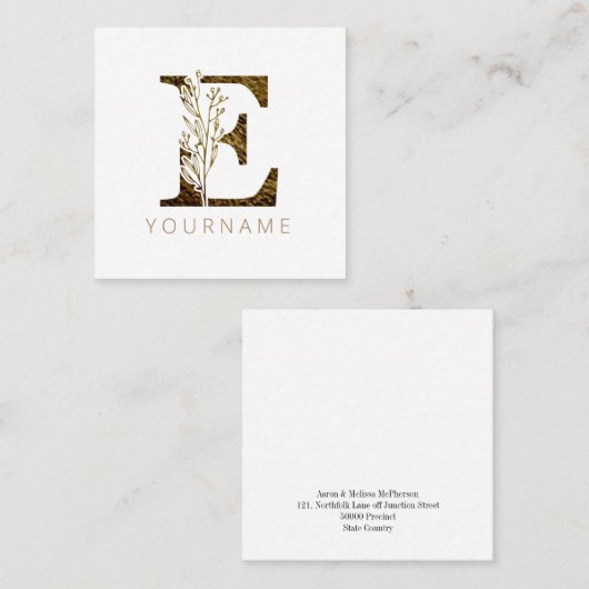 フローラモノグラムEエレガント金ゴールド株 スクエア名刺 (正面/裏面)