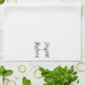 フローラモノグラムH |手書きスケッチデザイン キッチンタオル (折り畳み)