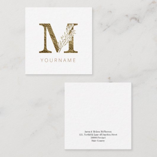 フローラモノグラムMエレガント金ゴールド株 スクエア名刺 (正面/裏面)