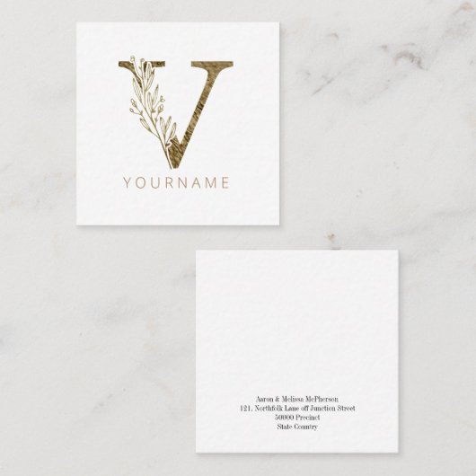 フローラモノグラムVエレガント金ゴールド株 スクエア名刺 (正面/裏面)