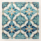 フローラモロッコタイルパターン#1ティール(緑がかった色)ホワイトID1078 ガラスコースター (正面)