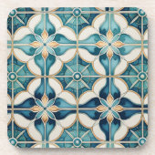 フローラモロッコタイルパターン#1ティール(緑がかった色)ホワイトID1078 コースター (正面)