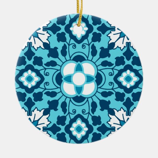 フローラモロッコタイル、インディゴ、スカイブルーとホワイトC セラミックオーナメント (正面)