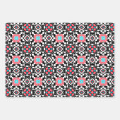 フローラモロッコタイル、コーラルピンク、緑、黒 ラッピングペーパーシート (正面)