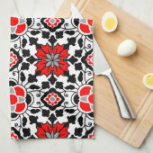 フローラモロッコタイル、深い赤、白黒 キッチンタオル (四つ折り)