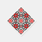 フローラモロッコタイル、深い赤、白黒 スタンダードカクテルナプキン (角)