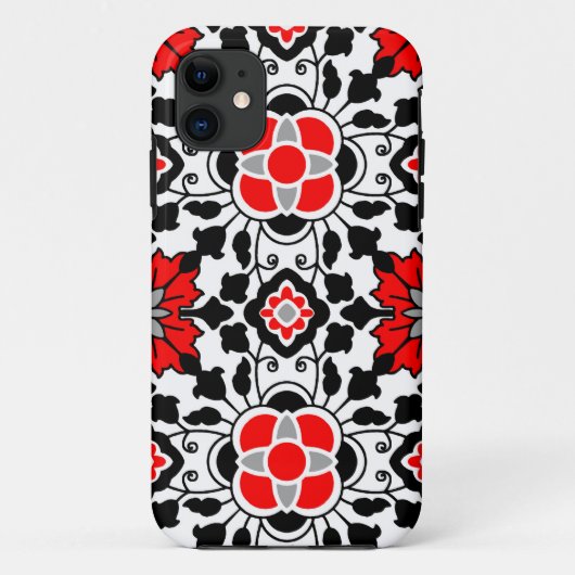 フローラモロッコタイル、深い赤、白黒 Case-Mate iPhoneケース (裏面)