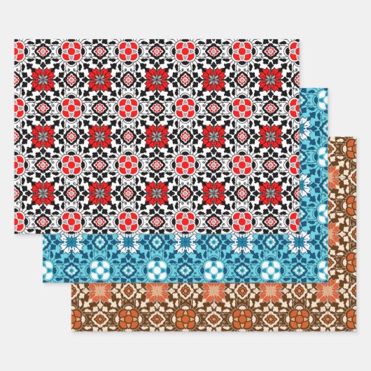 フローラモロッコタイル、赤/背、青、錆 ラッピングペーパーシート (セット)