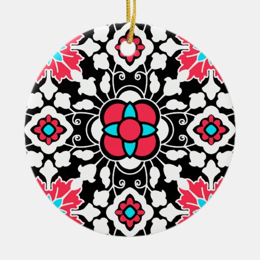 フローラモロッコタイル、黒、白、コーラルピンク セラミックオーナメント (正面)