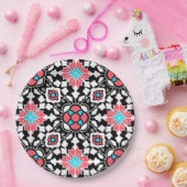 フローラモロッコタイル、黒、白、コーラルピンク ペーパープレート (パーティー)