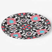 フローラモロッコタイル、黒、白、コーラルピンク ペーパープレート (アングル)