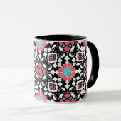 フローラモロッコタイル、黒、白、コーラルピンク マグカップ (正面右)