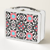 フローラモロッコタイル、黒、白、コーラルピンク メタルランチボックス (正面)