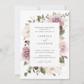 フローラモーヴ赤面グリーンリーホワイトエレガントな結婚式 招待状 (正面)