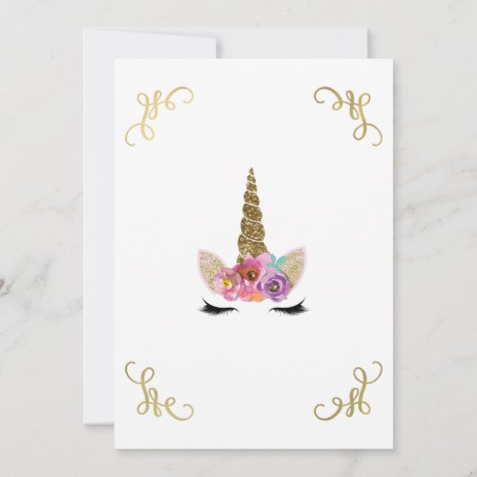 フローラユニコーングラム金ゴールドストーリーブックコーナーパーティー 招待状 (裏面)