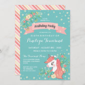 フローラユニコーンターコイズ誕生日パーティー 招待状 (正面/裏面)