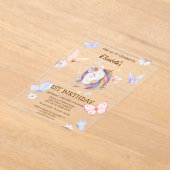 フローラユニコーンチョウストライプの誕生日 アクリル招待状 (レイダウン)