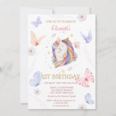 フローラユニコーンチョウストライプの誕生日 招待状 (正面)