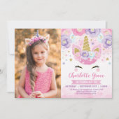 フローラユニコーンピンクパープルブルーレインボー誕生日 招待状 (正面)