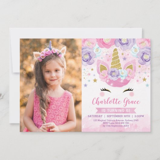 フローラユニコーンピンクパープルブルーレインボー誕生日 招待状 (正面)