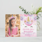 フローラユニコーンピンクパープルブルーレインボー誕生日 招待状 (スタンド正面)