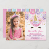 フローラユニコーンピンクパープルブルーレインボー誕生日 招待状 (正面/裏面)