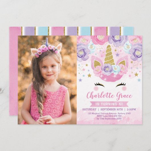 フローラユニコーンピンクパープルブルーレインボー誕生日 招待状 (正面/裏面)