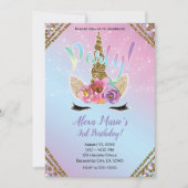 フローラユニコーンホーンレインボースパークルバースデーパーティー 招待状 (正面)
