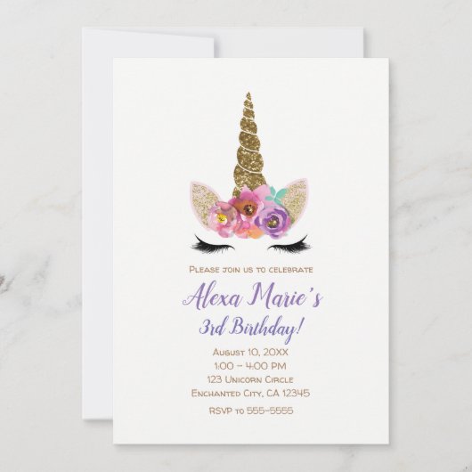フローラユニコーンホーン金ゴールド紙吹雪誕生日パーティー 招待状 (正面)