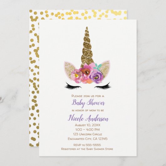 フローラユニコーンホーン金ゴールド紙吹雪赤ちゃんシャワー 招待状 (正面/裏面)