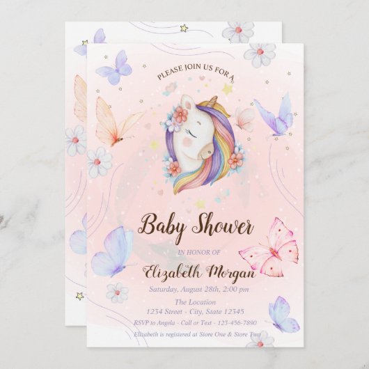 フローラユニコーン蝶スターベイビーシャワー 招待状 (正面/裏面)