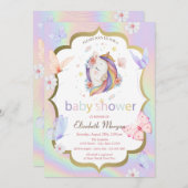 フローラユニコーン蝶ホログラフィックベビーシャワー 招待状 (正面/裏面)