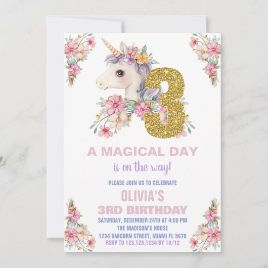 フローラユニコーン誕生日招待状グリッター 招待状 (正面)