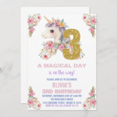 フローラユニコーン誕生日招待状グリッター 招待状 (正面/裏面)